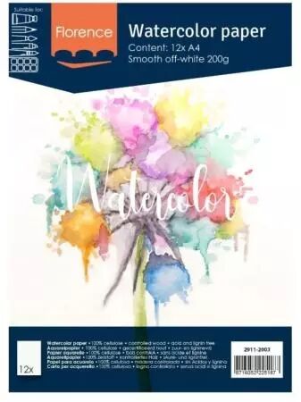 Papier Aquarelle A4 Lisse  - 200g - Blanc cassé - 12 feuilles