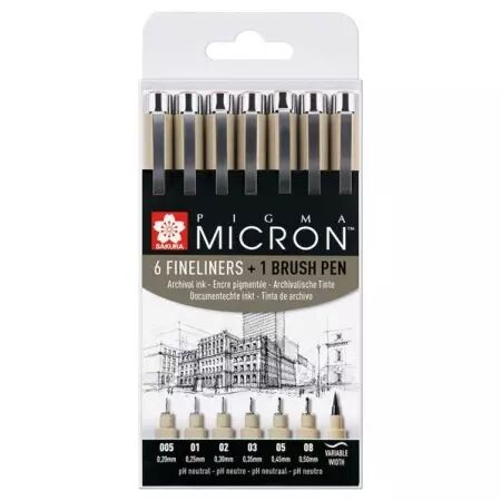 Pigma Micron - 6 stylos fineliners + 1 pinceau